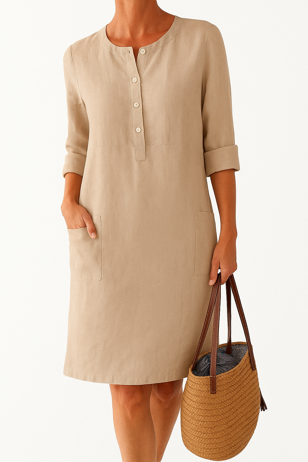 Knee-Length Cotton Linen Dress
