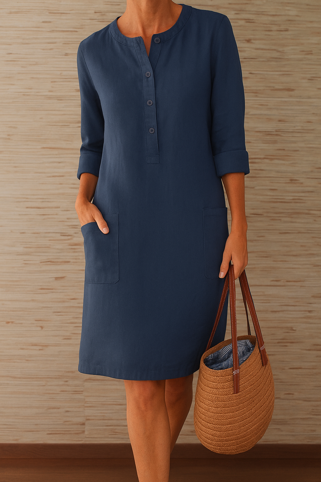 Knee-Length Cotton Linen Dress