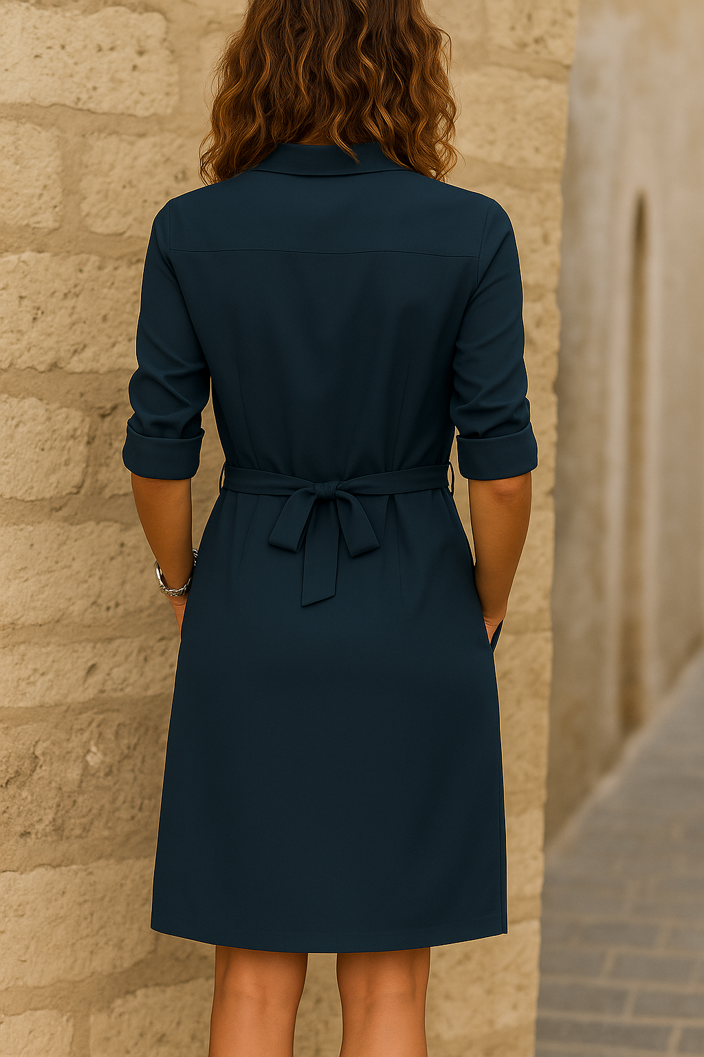 Women's Elegant Belted Button-Up Midi Dress
