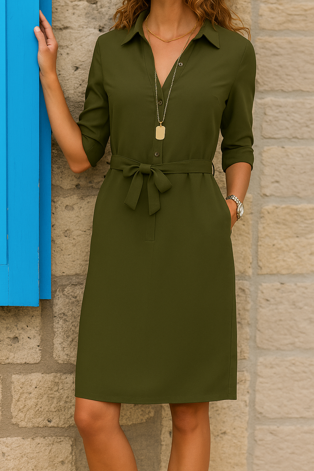 Women's Elegant Belted Button-Up Midi Dress