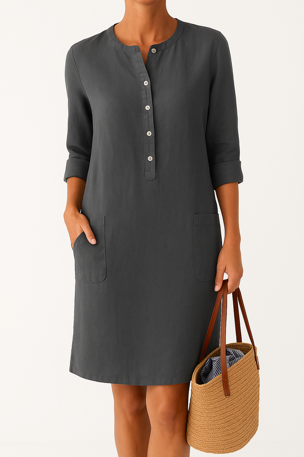Knee-Length Cotton Linen Dress