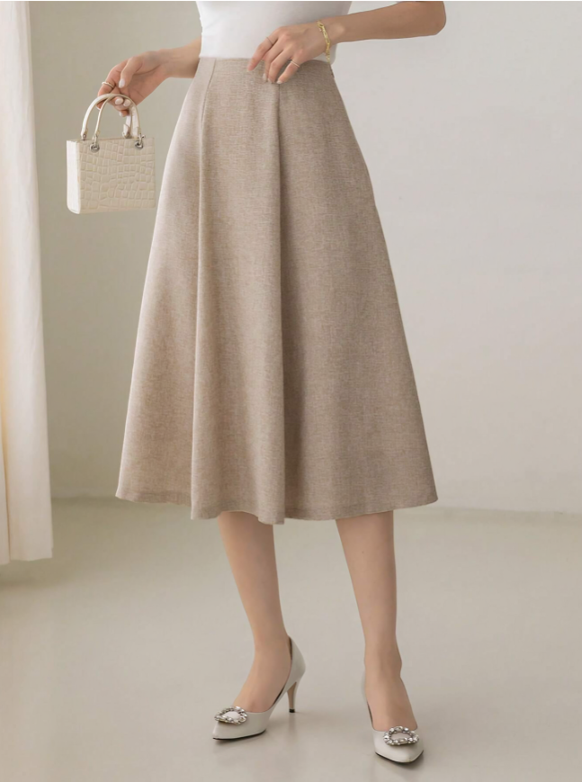 Beige High-Waist Solid Flare Skirt