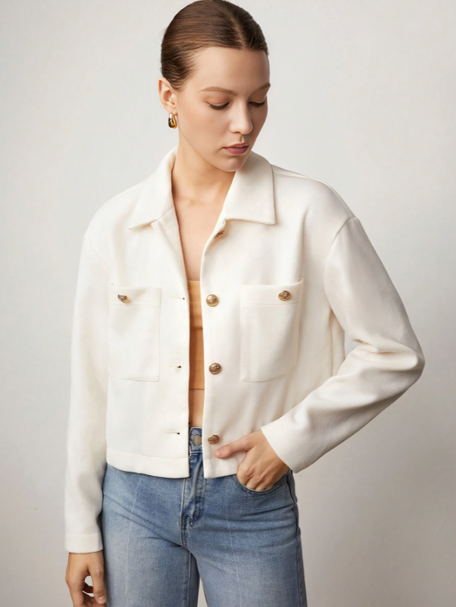 Beige Lapel Collar Dual Pocket Front Button Jacket