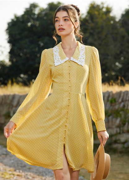 Yellow Classic Italian Romantic Polka Dot Maxi Dress