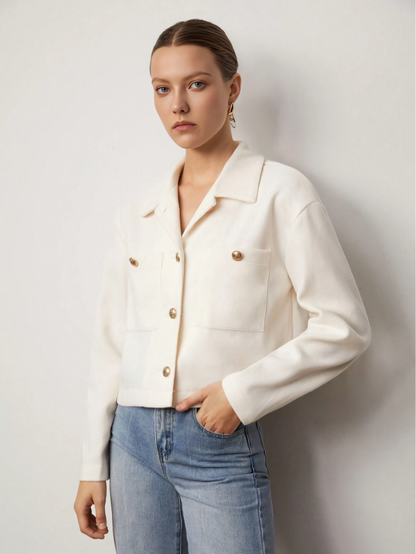 Beige Lapel Collar Dual Pocket Front Button Jacket