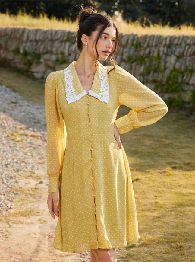 Yellow Classic Italian Romantic Polka Dot Maxi Dress