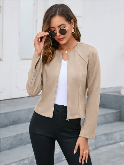 Khaki Classic Solid Color Zipper Front Jacket