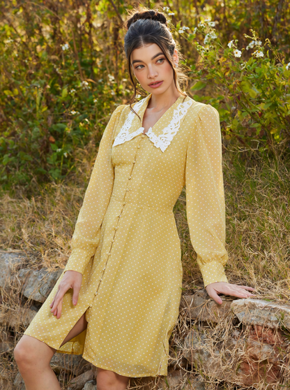 Yellow Classic Italian Romantic Polka Dot Maxi Dress