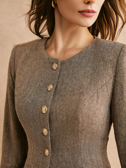 Khaki Herringbone Tweed Waisted Jacket