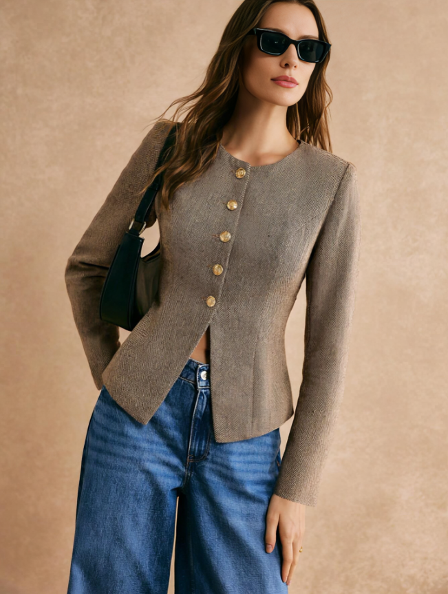 Khaki Herringbone Tweed Waisted Jacket