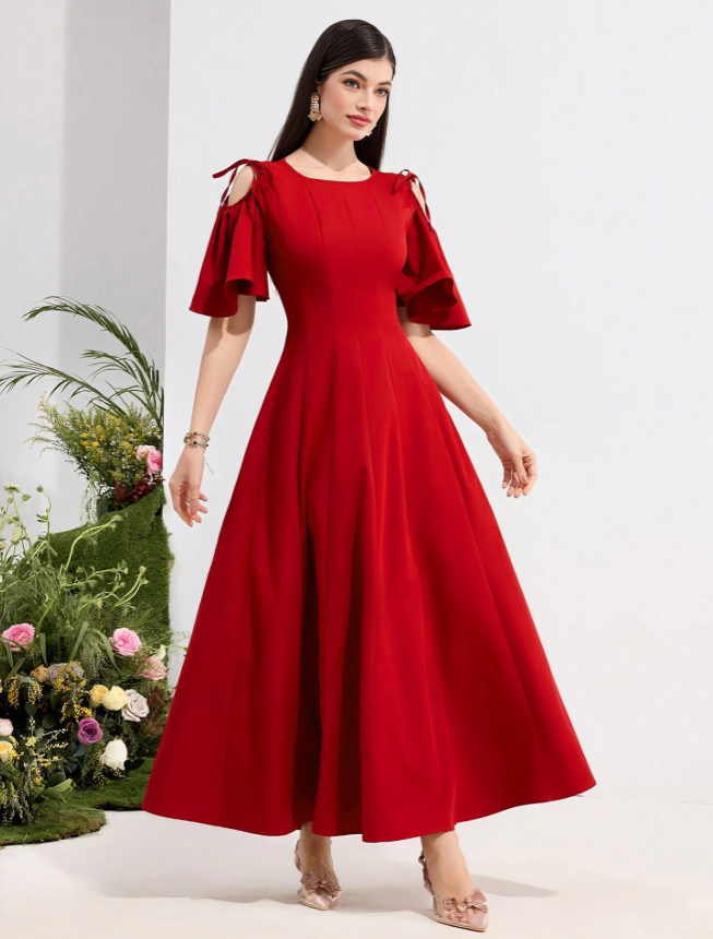 Red Romantic Vacation Ruffle Sleeve Dress