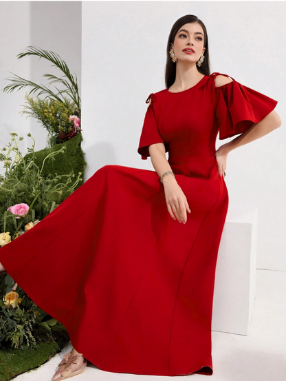 Red Romantic Vacation Ruffle Sleeve Dress