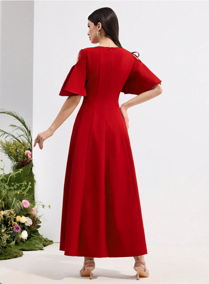 Red Romantic Vacation Ruffle Sleeve Dress