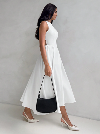 White A-Line Bubble Hem Midi Dress