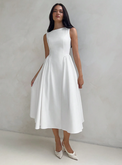 White A-Line Bubble Hem Midi Dress