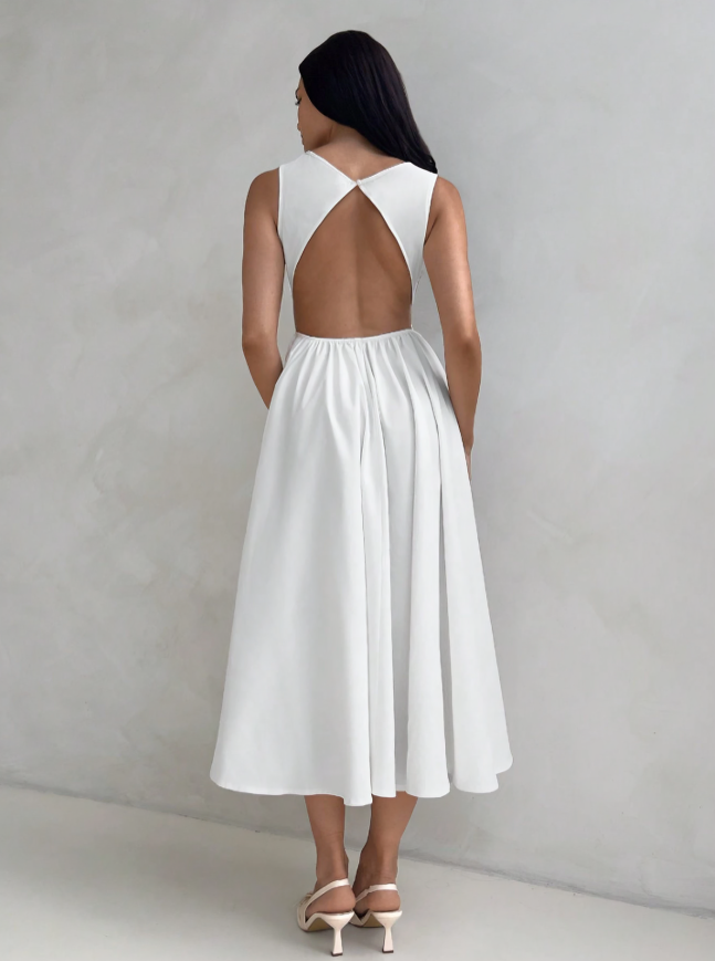 White A-Line Bubble Hem Midi Dress