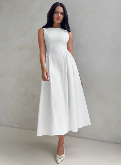 White A-Line Bubble Hem Midi Dress