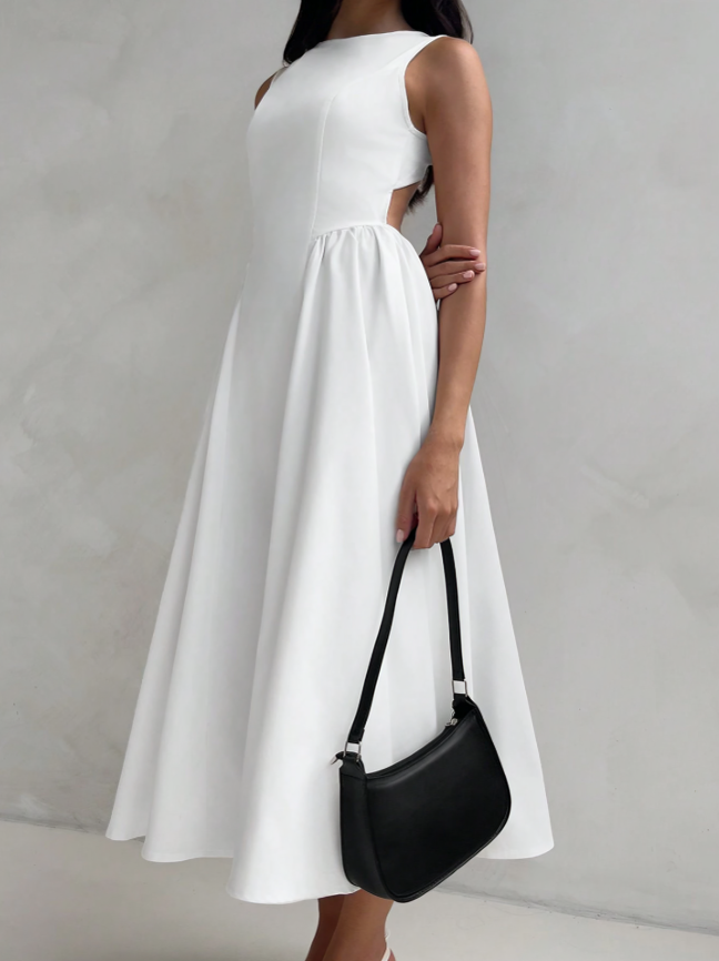 White A-Line Bubble Hem Midi Dress