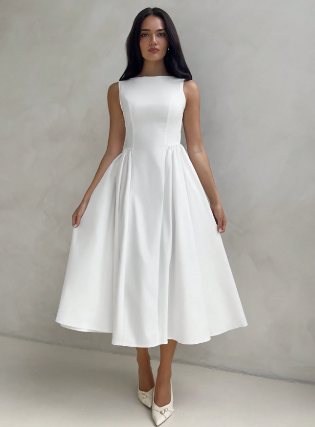 White A-Line Bubble Hem Midi Dress