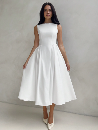 White A-Line Bubble Hem Midi Dress