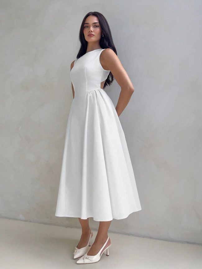 White A-Line Bubble Hem Midi Dress