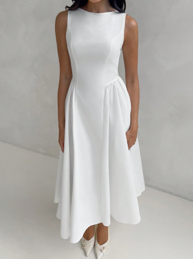 White A-Line Bubble Hem Midi Dress