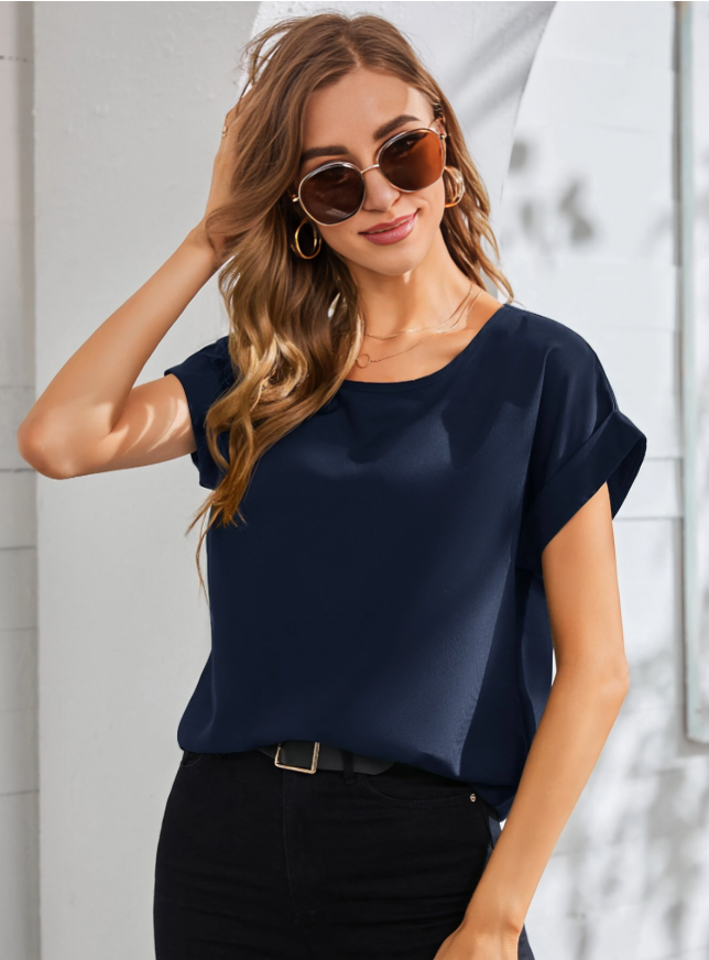 LUNE Navy Blue Rolled Cuff Batwing Sleeve Blouse