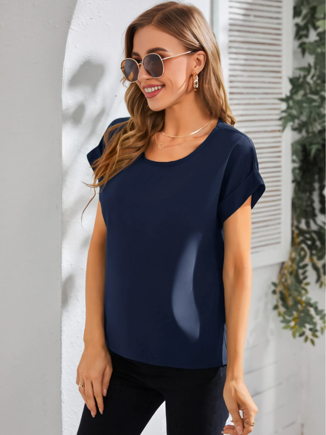 LUNE Navy Blue Rolled Cuff Batwing Sleeve Blouse