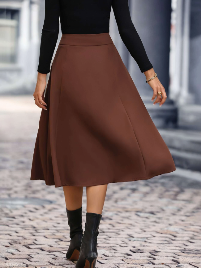 Brown Classic High-Waist Flare Skirt