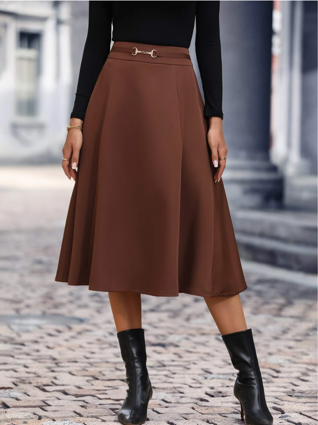 Brown Classic High-Waist Flare Skirt