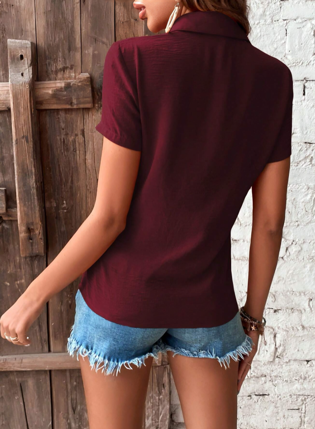 Burgundy Button-Front Short Sleeve Shirt,