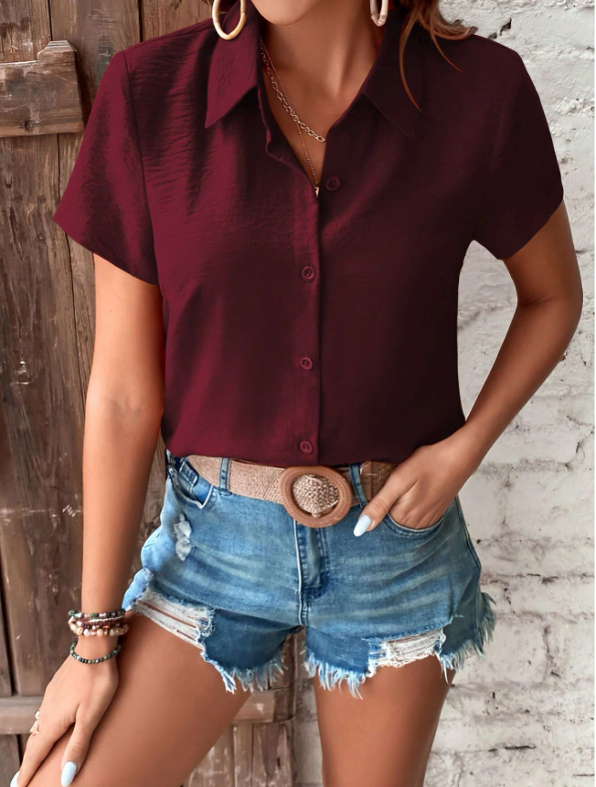 Burgundy Button-Front Short Sleeve Shirt,