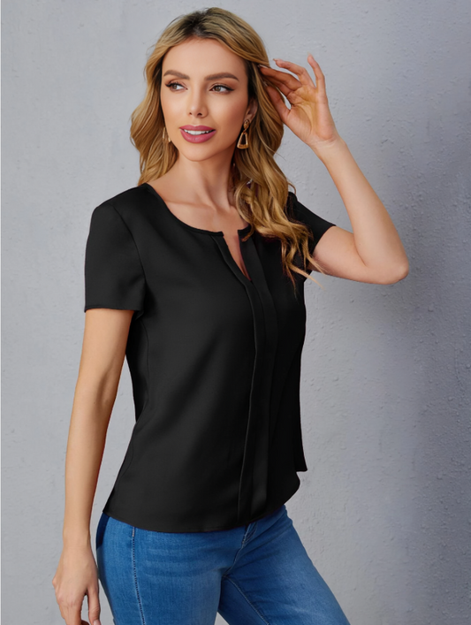 Black Notch Neck Fold Pleated Top