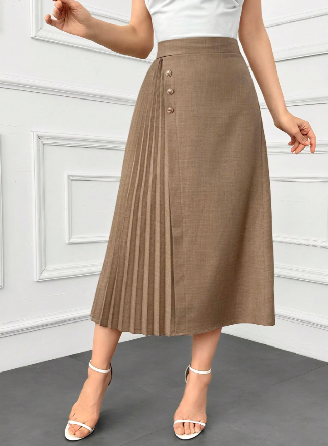 Khaki Elegant Pleated Patchwork A-Line Skirt