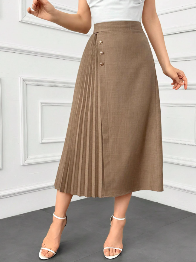 Khaki Elegant Pleated Patchwork A-Line Skirt