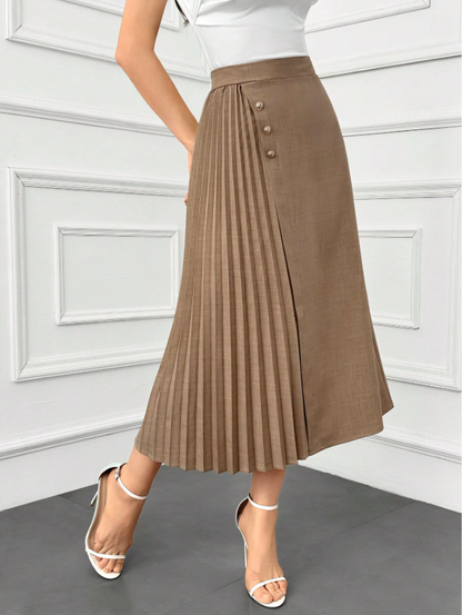 Khaki Elegant Pleated Patchwork A-Line Skirt