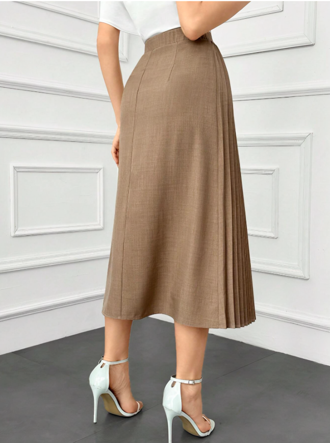 Khaki Elegant Pleated Patchwork A-Line Skirt