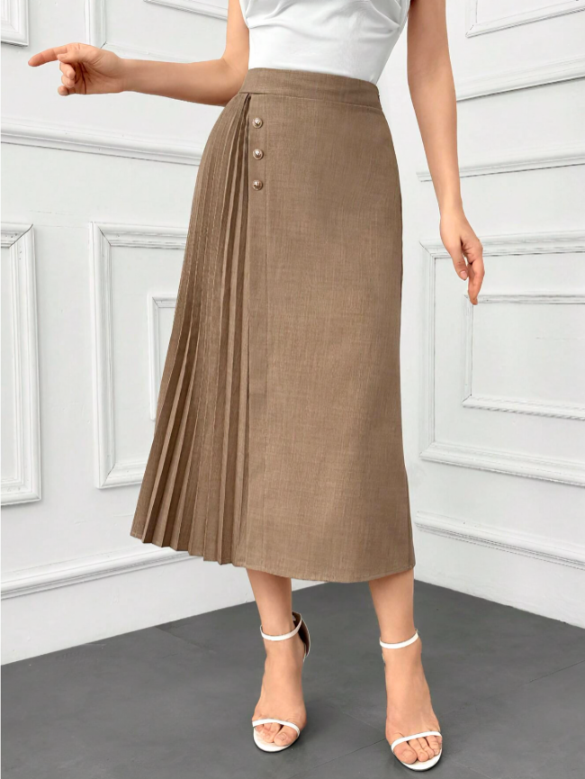 Khaki Elegant Pleated Patchwork A-Line Skirt