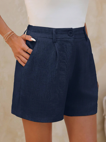 Navy Blue Classic Elegant Linen Shorts with Bamboo Knots