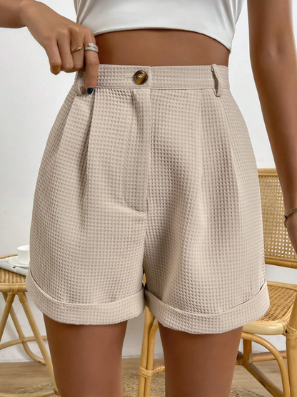 Beige High Waist Pleated Detail Roll Hem Shorts – Chic & Timeless