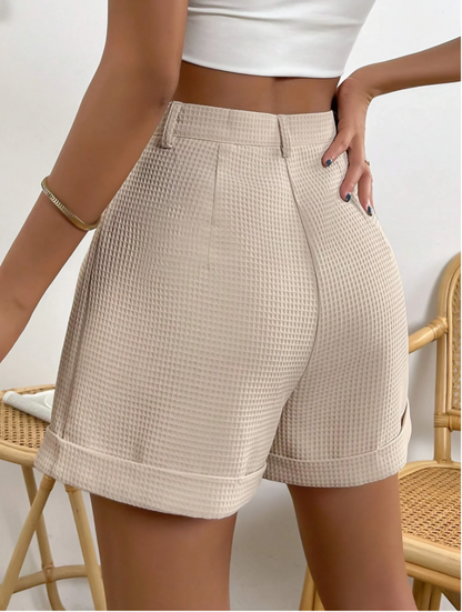 Beige High Waist Pleated Detail Roll Hem Shorts – Chic & Timeless