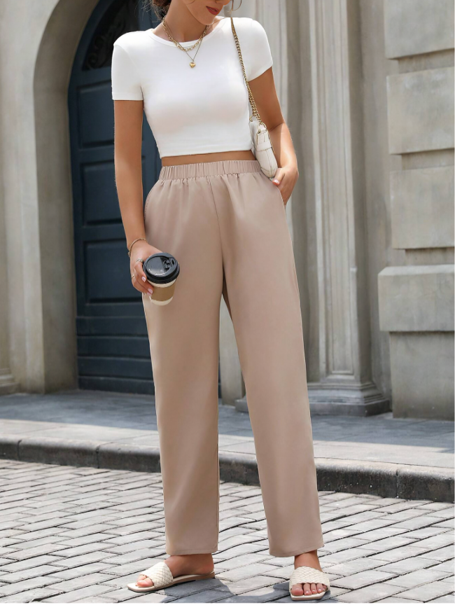 Khaki Casual Minimalist Tapered Pants