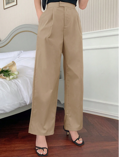 Khaki Solid Color Pleated Wide-Leg Pants,