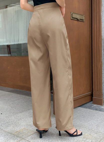 Khaki Solid Color Pleated Wide-Leg Pants,