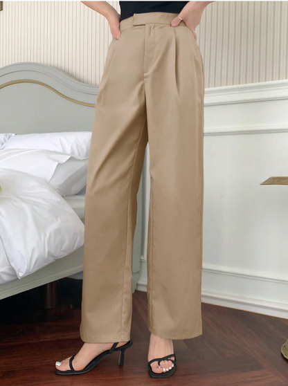 Khaki Solid Color Pleated Wide-Leg Pants,