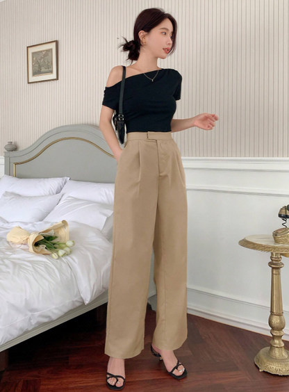 Khaki Solid Color Pleated Wide-Leg Pants,