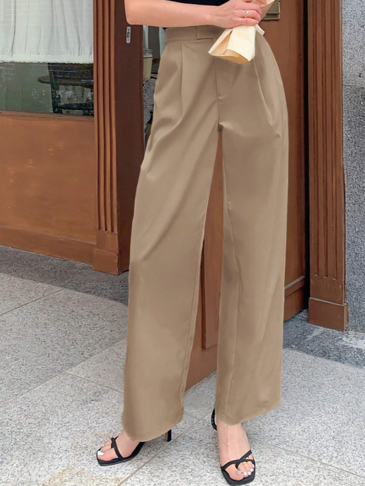 Khaki Solid Color Pleated Wide-Leg Pants,