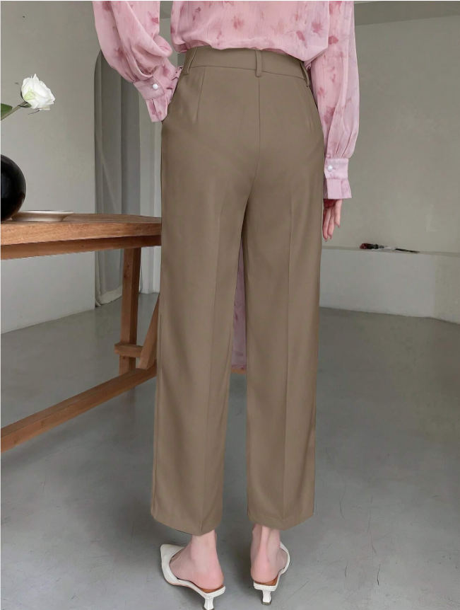 Brown Solid Color Slim-Fit Ankle Pants