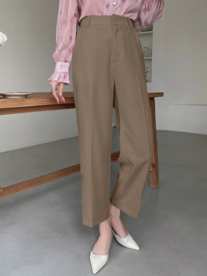 Brown Solid Color Slim-Fit Ankle Pants