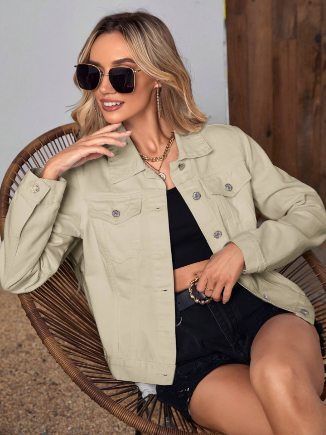 Khaki Frenchy Flap Pocket Button-Front Denim Jacket